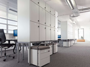 VS Lockers | opbevaringsskabe med neutral finish og aflåsbare rum, fleksibel konfiguration med mange låger til medarbejdere, gæster eller elever ￼