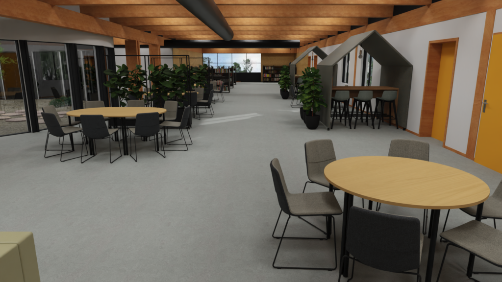 Indretning af studiemiljø | fleksibelt læringsmiljø opdelt i zoner til koncentration, gruppearbejde og uformelle møder