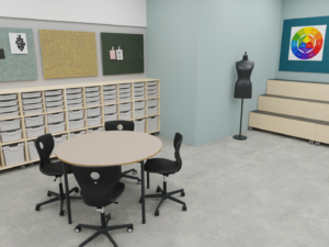 Billedkunst skoleindretning | lyst og inspirerende læringsmiljø med arbejdszoner og let adgang til materialer der giver elever mulighed for at udforske idéer og teknikker