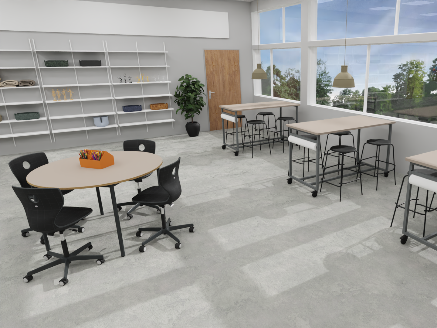 Billedkunst faglokale | kreativt undervisningsrum med fleksible arbejdsborde, opbevaringsløsninger og materialestationer der understøtter tegning, maleri og kreative projekter