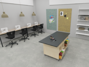 Billedkunst undervisningslokale | faglokale med store arbejdsflader, vaskeområder og opbevaring til materialer der understøtter både individuel fordybelse og fælles projekter