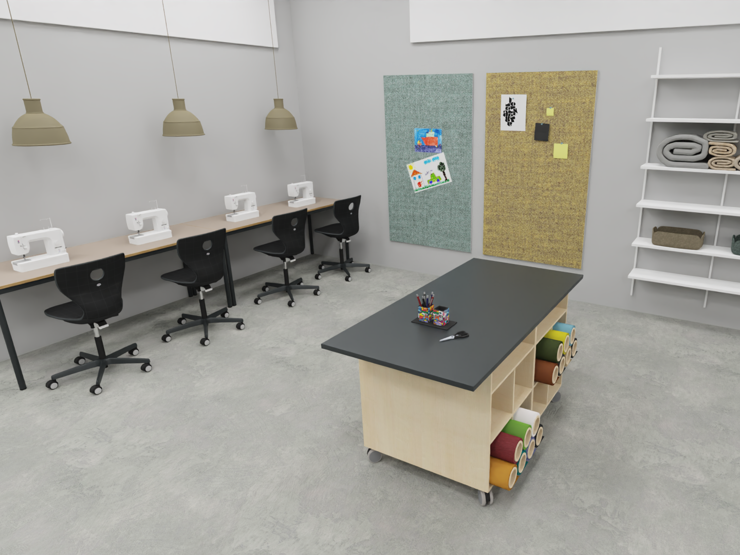 Billedkunst undervisningslokale | faglokale med store arbejdsflader, vaskeområder og opbevaring til materialer der understøtter både individuel fordybelse og fælles projekter